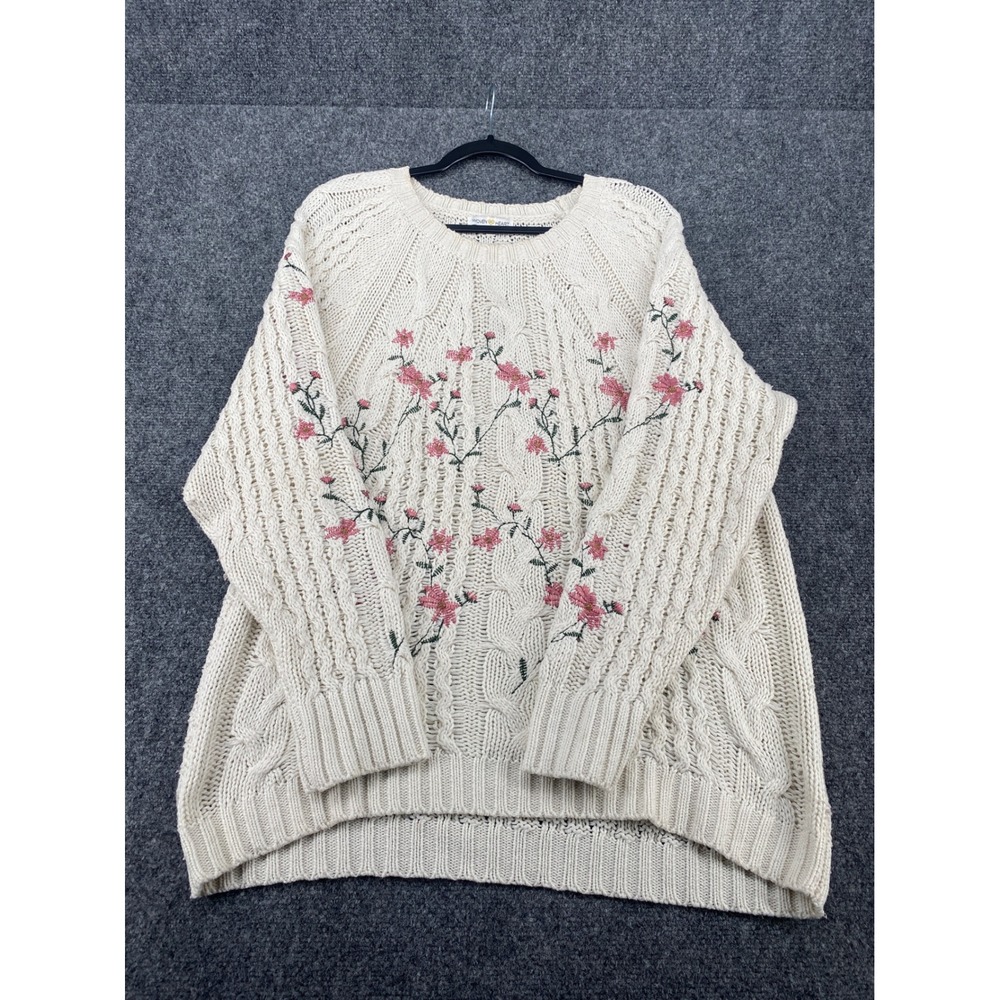 Woven Heart Floral Embroidered Cable Knit Sweater Womens XL Cream Pink Pullover